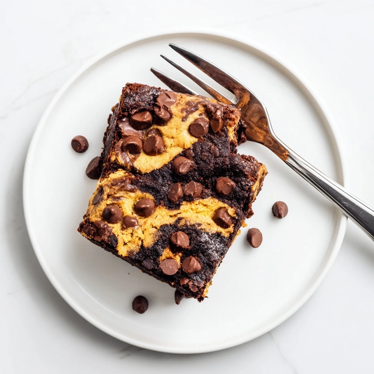 Freshly baked Fudgy Chewy Brookies stacked on a wooden board, showing swirled layers of dark brownie and golden cookie dough dotted with melted chocolate chips