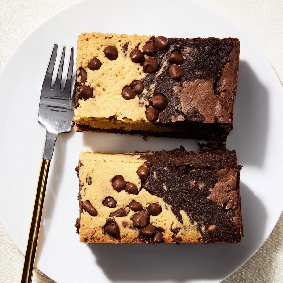 A square slice of Fudgy Chewy Brookies revealing the two-textured dessert with fudgy chocolate brownie base topped with chewy cookie layer and scattered chocolate chips