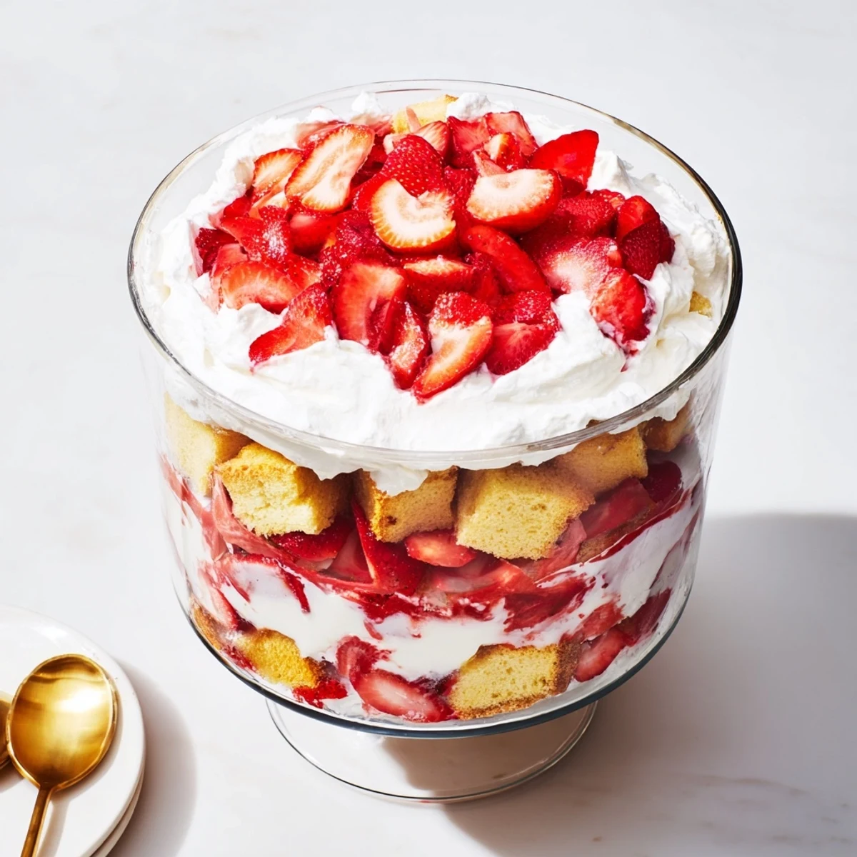 Layered strawberry shortcake trifles showcasing golden cake cubes, fresh red berries, and fluffy white cream in clear glass