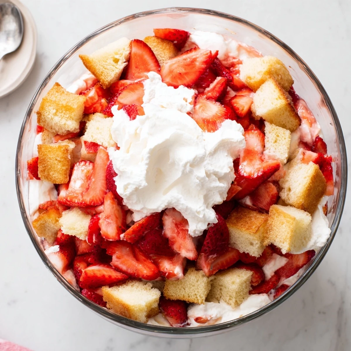 Individual strawberry shortcake trifles displaying bite-sized cake pieces, juicy sliced berries, and vanilla cream topping