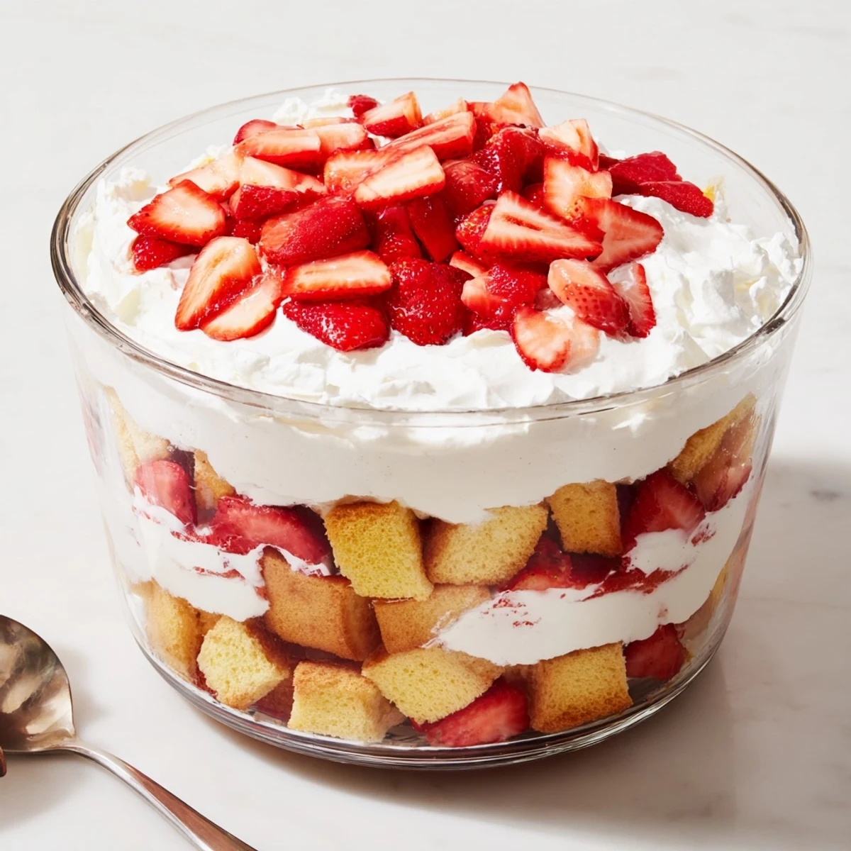 Elegant dessert glass filled with alternating layers of tender shortcake, macerated strawberries, and sweet whipped cream
