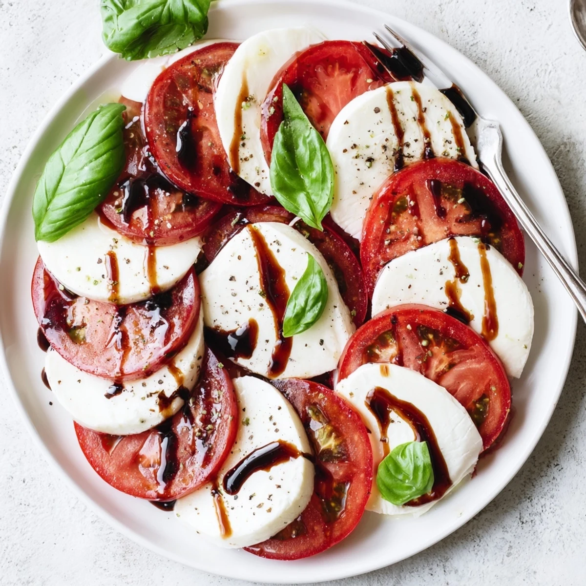 Bright Caprese Salad Recipe plated on rustic platter, sea salt, freshly cracked pepper