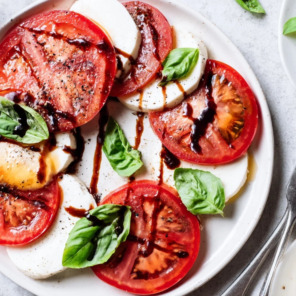 Caprese Salad Recipe with ripe tomatoes, creamy mozzarella, basil, balsamic glaze