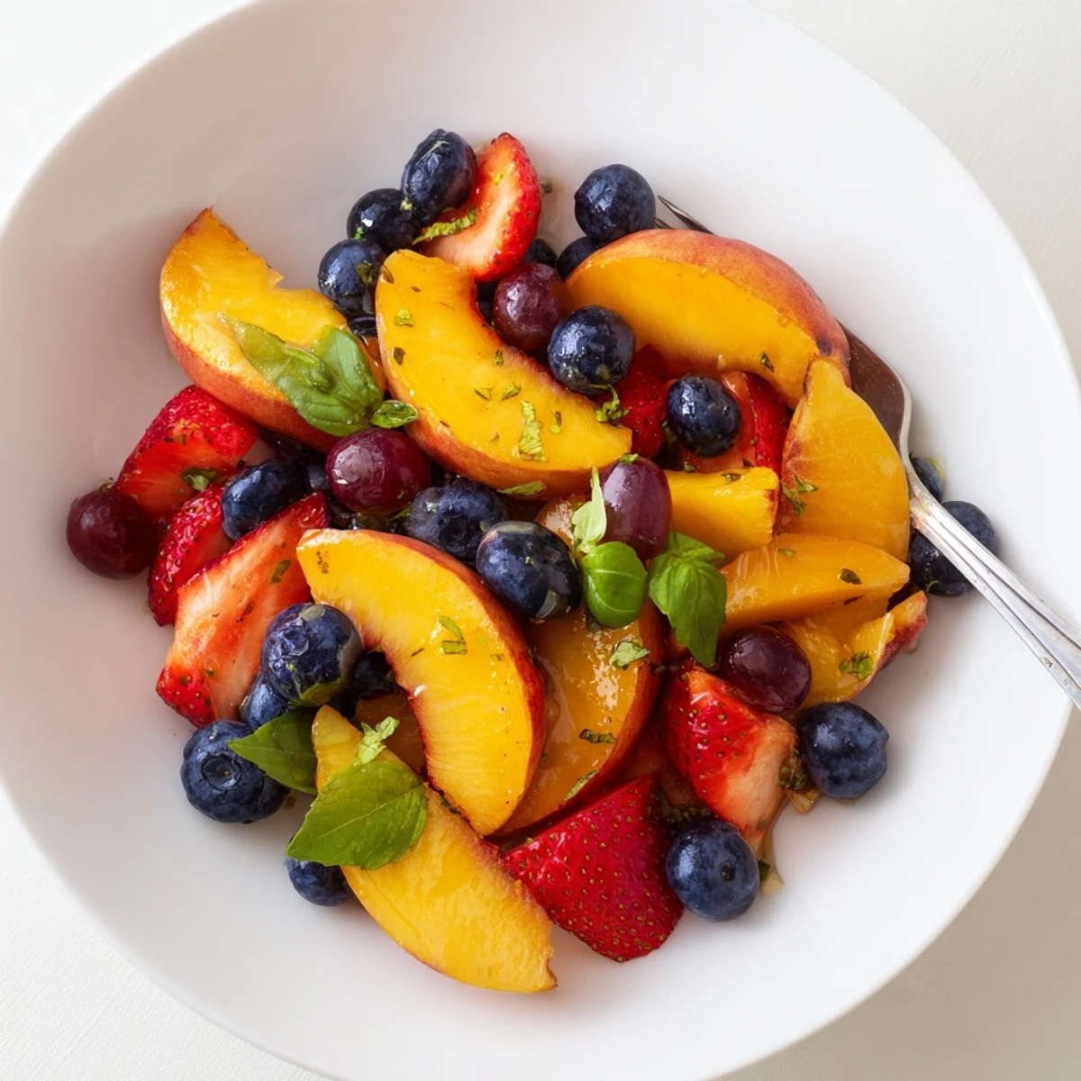 Served chilled in a white bowl, Honey Lime Basil Peach Fruit Salad delights.