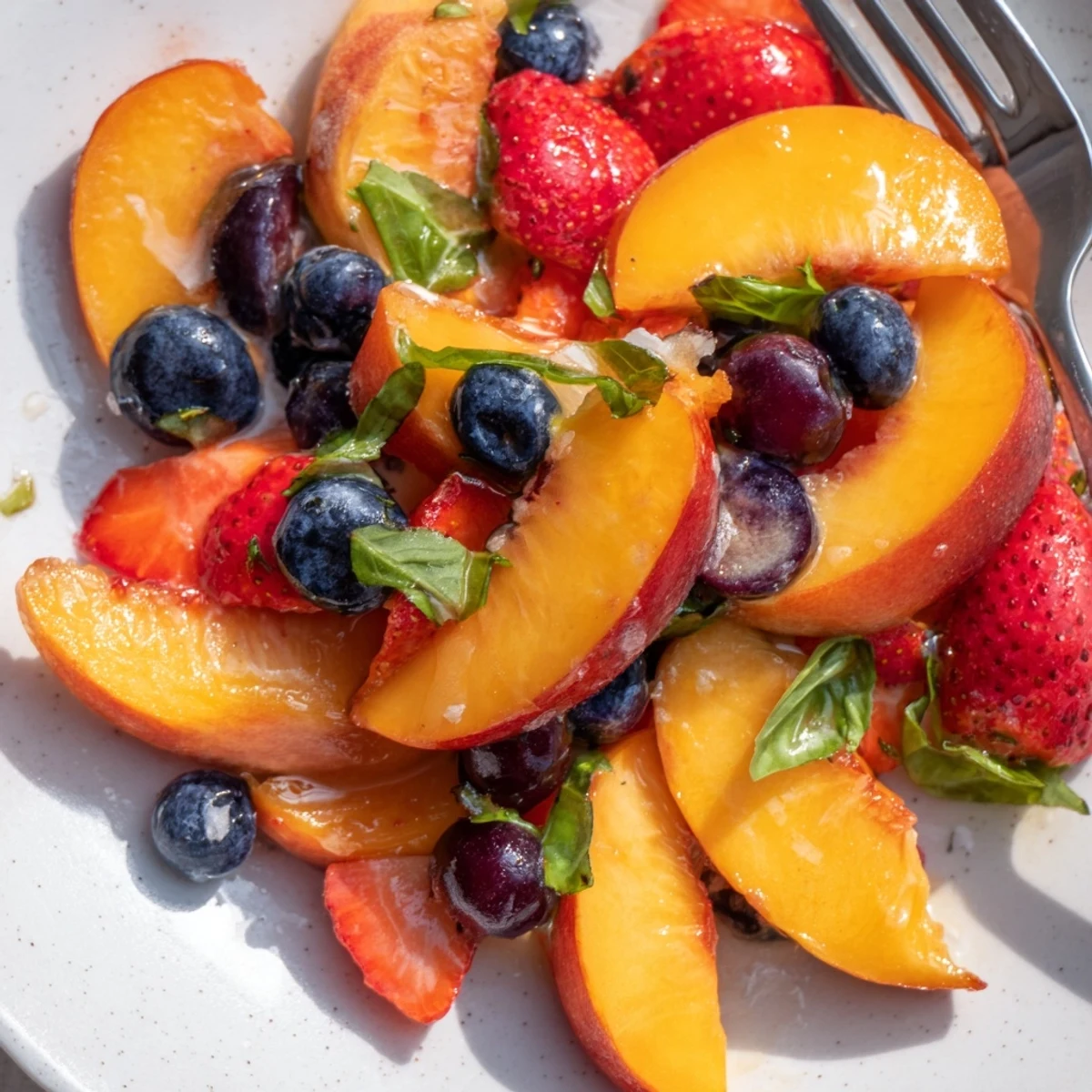Glistening summer bowl, Honey Lime Basil Peach Fruit Salad topped with fresh basil.
