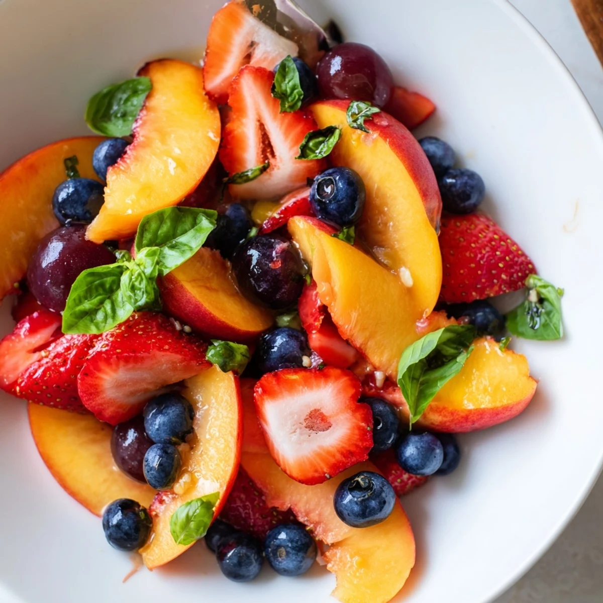 Juicy peaches, blueberries, and lime kissed Honey Lime Basil Peach Fruit Salad.