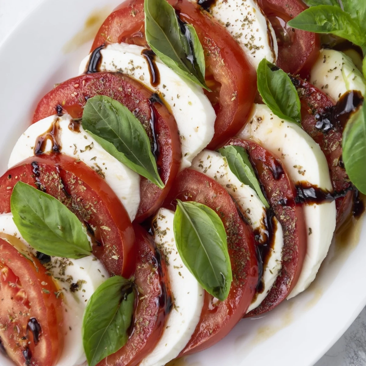 Room temperature Caprese Salad Ultimate Recipe arranged on platter, drizzled olive oil
