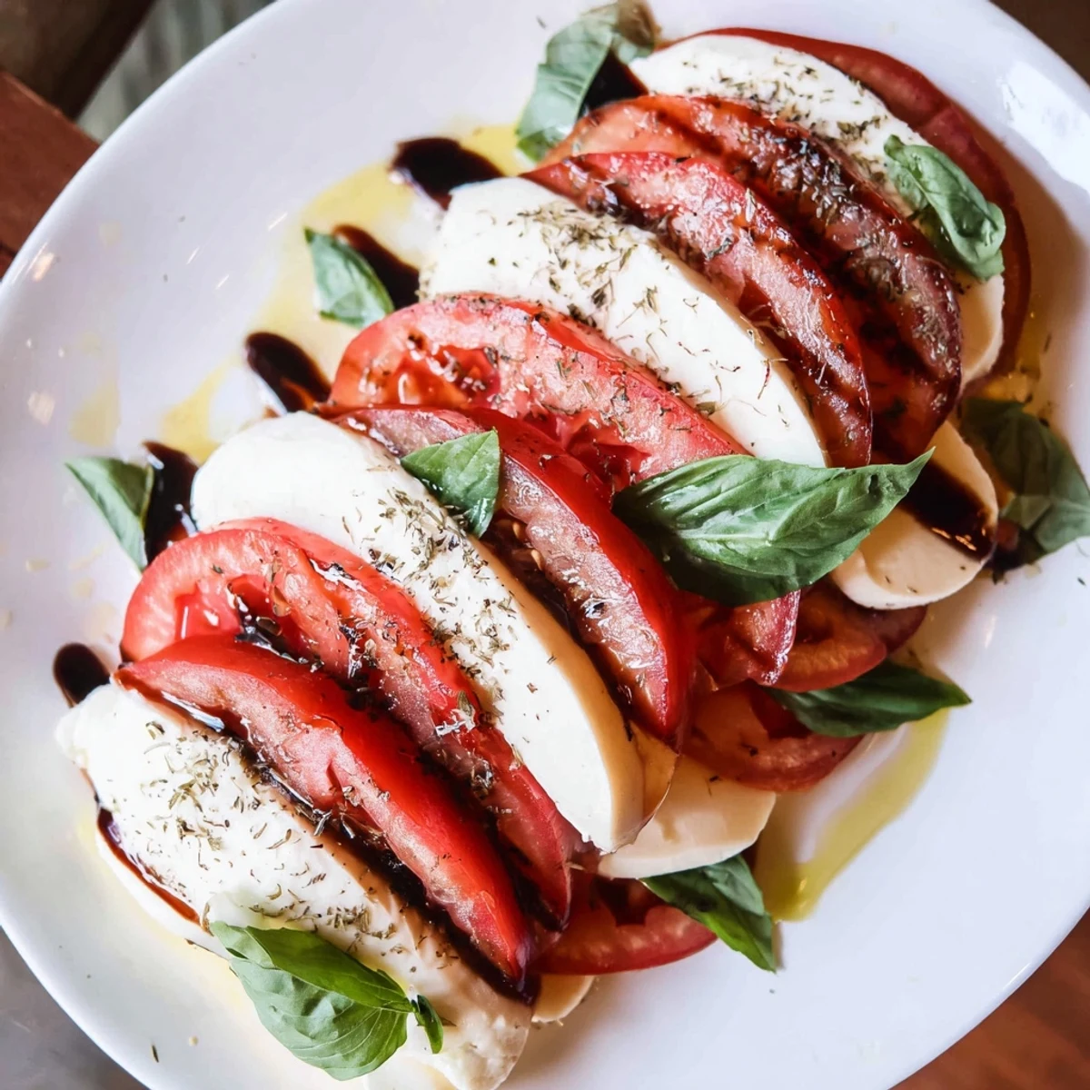 Simple Caprese Salad Ultimate Recipe layered, fragrant basil between slices, balsamic drizzle