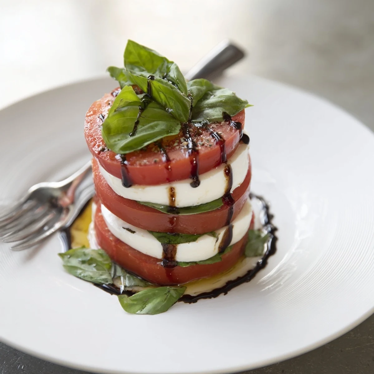 Platter of Caprese Salad drizzled with balsamic glaze, sprinkled sea salt.