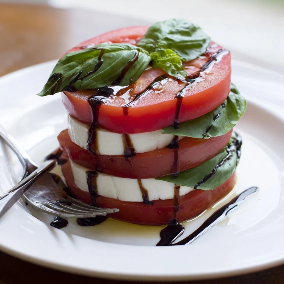Simple Caprese Salad served as starter, creamy mozzarella and fragrant basil.