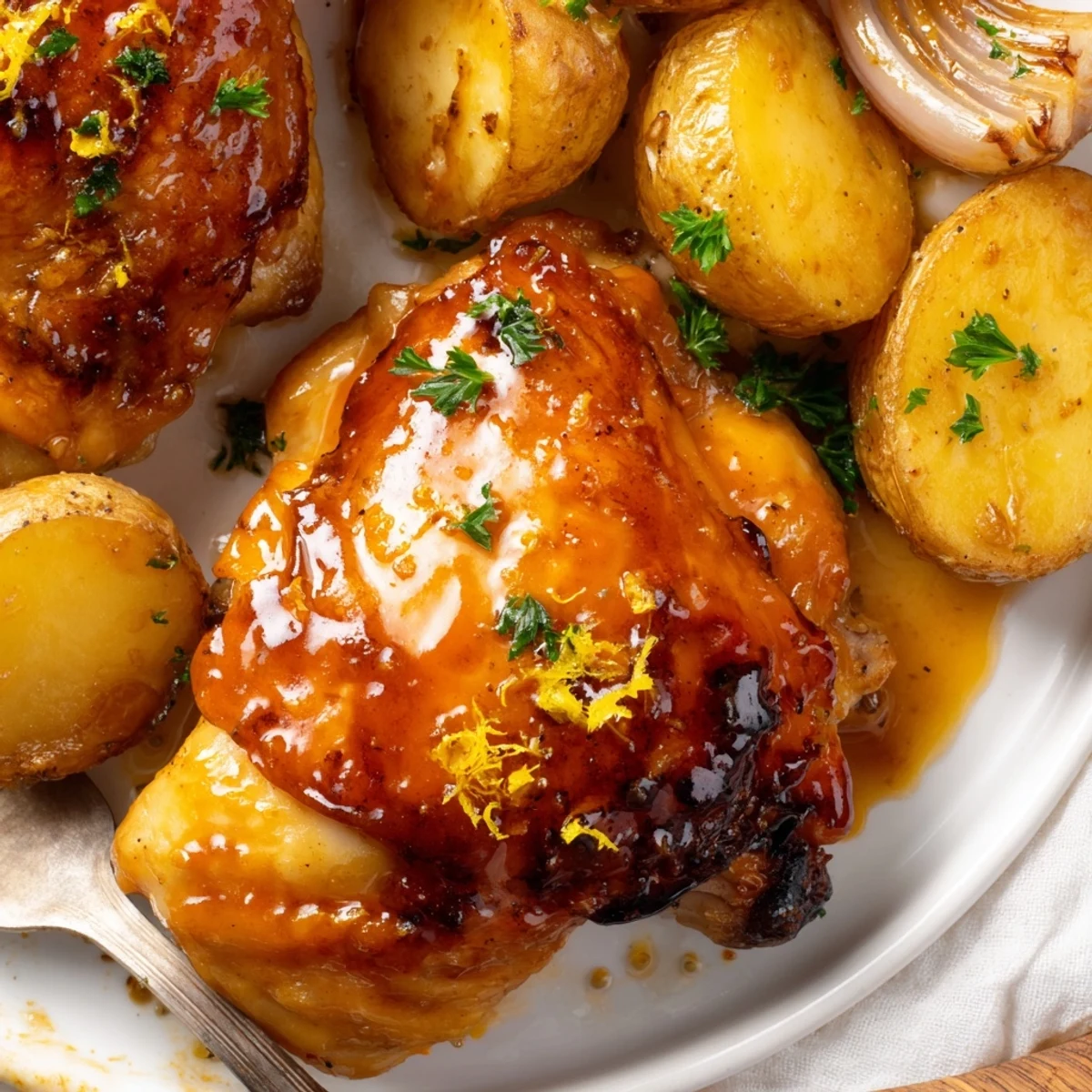 Crispy baked honey lemon chicken and potatoes drizzled with a glistening golden sauce