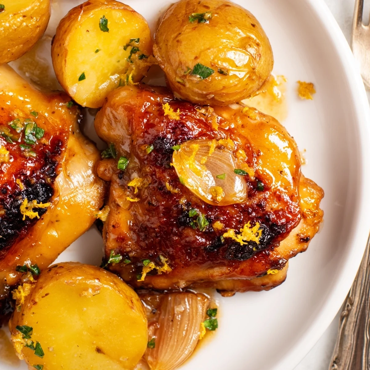 Juicy baked honey lemon chicken and potatoes garnished with fresh parsley and lemon slices