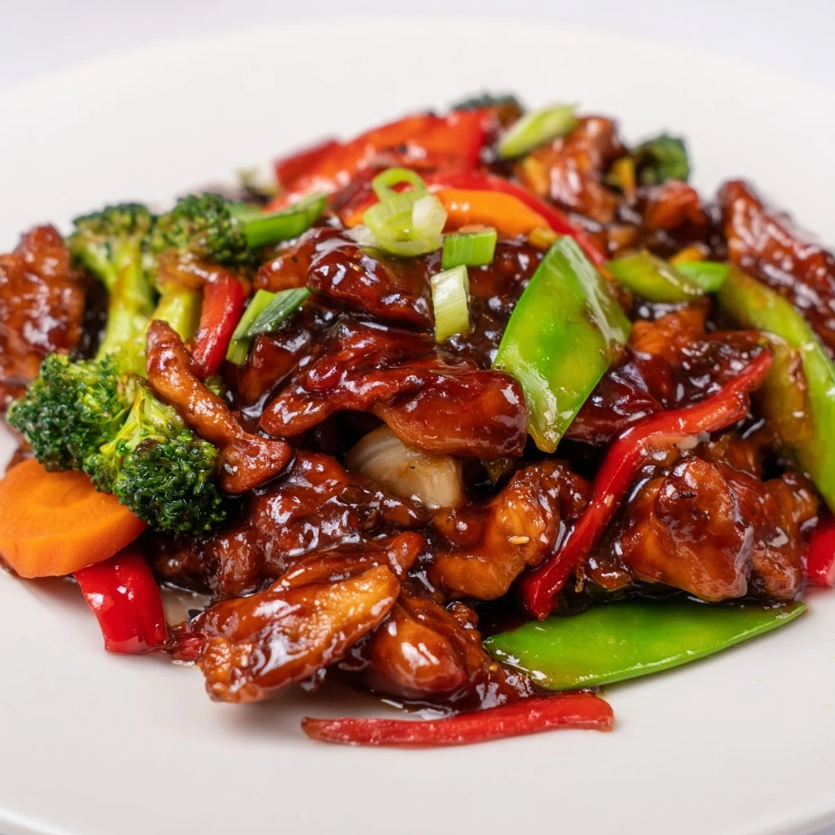 Hunan Chicken with vibrant bell peppers and broccoli in a glossy chili sauce