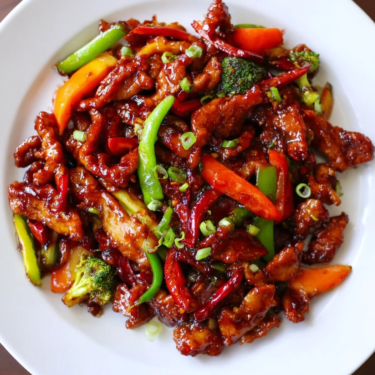 Tender sliced Hunan Chicken tossed with crisp snow peas and garlicky chili glaze