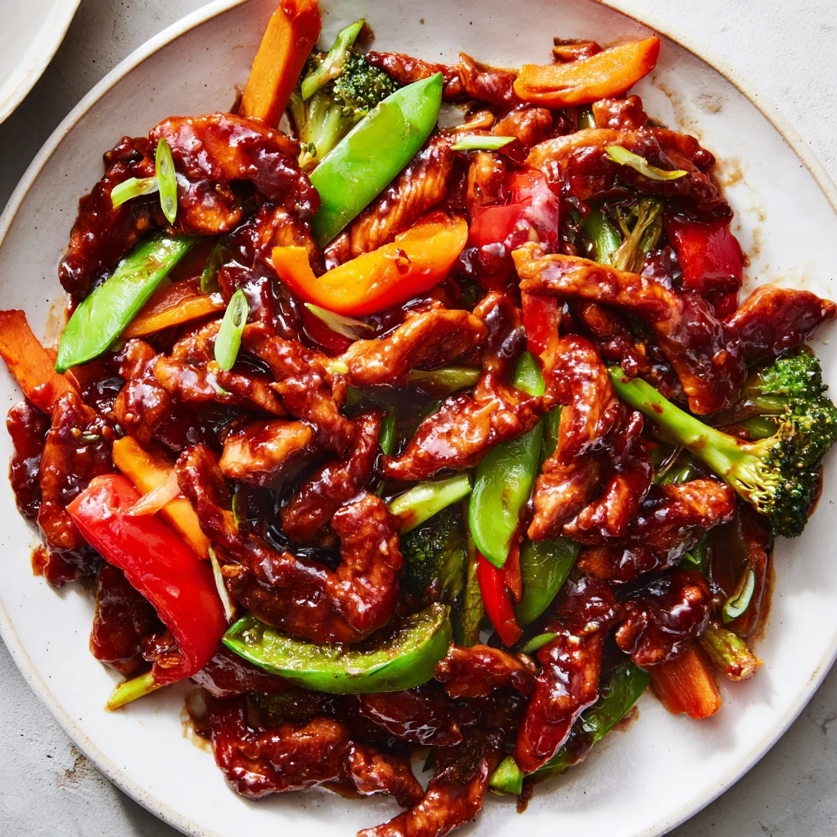 Spicy Hunan Chicken stir-fry served over steamed rice with colorful crisp vegetables