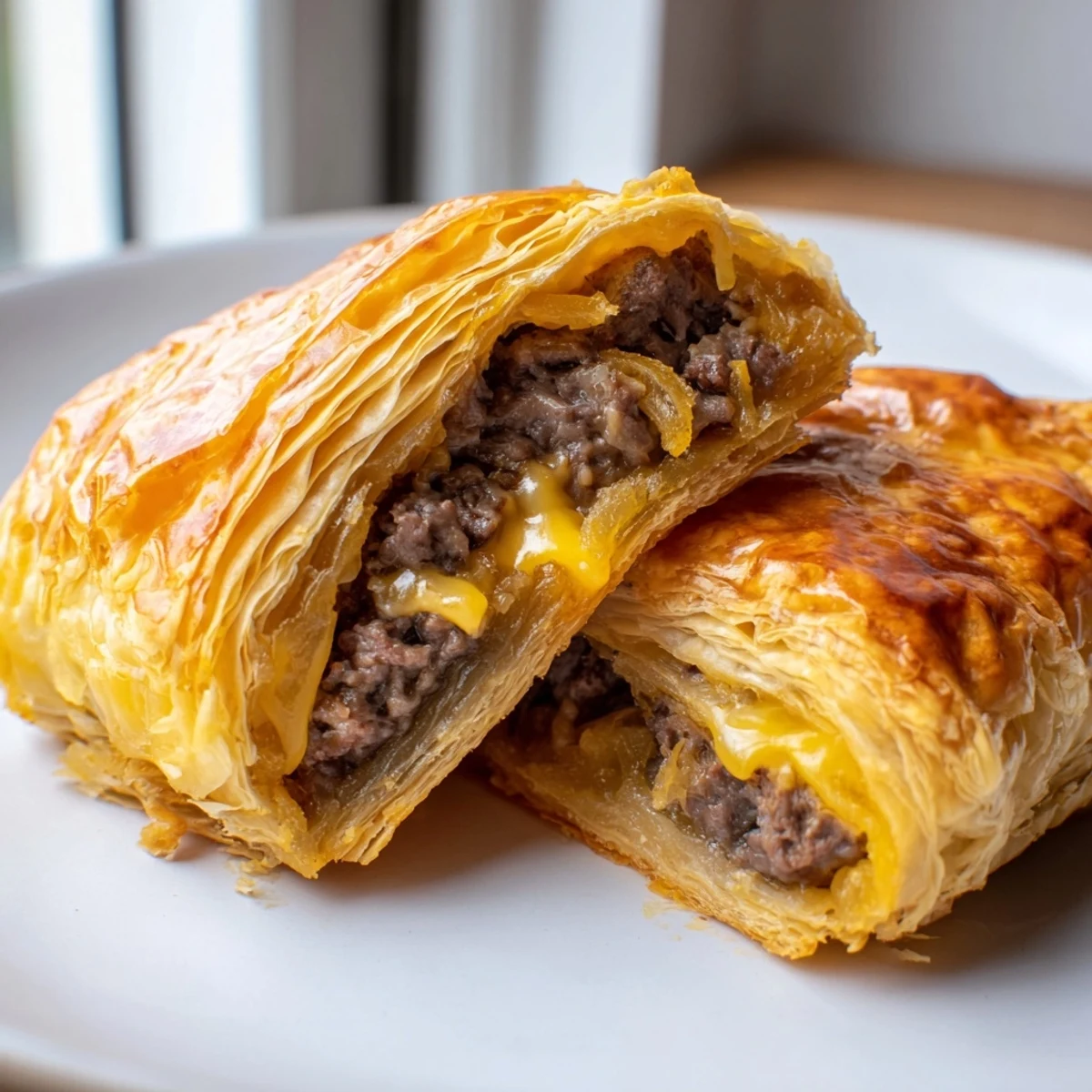 Close-up of Greggs inspired steak and cheese roll showing flaky pastry and savory beef filling