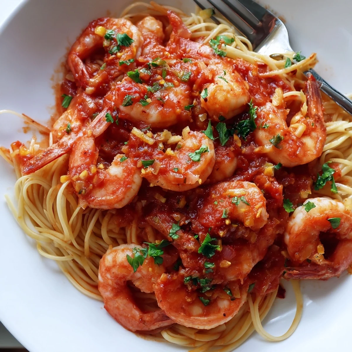 Plump shrimp in fiery red tomato sauce, garnished with fresh parsley and served over spaghetti.