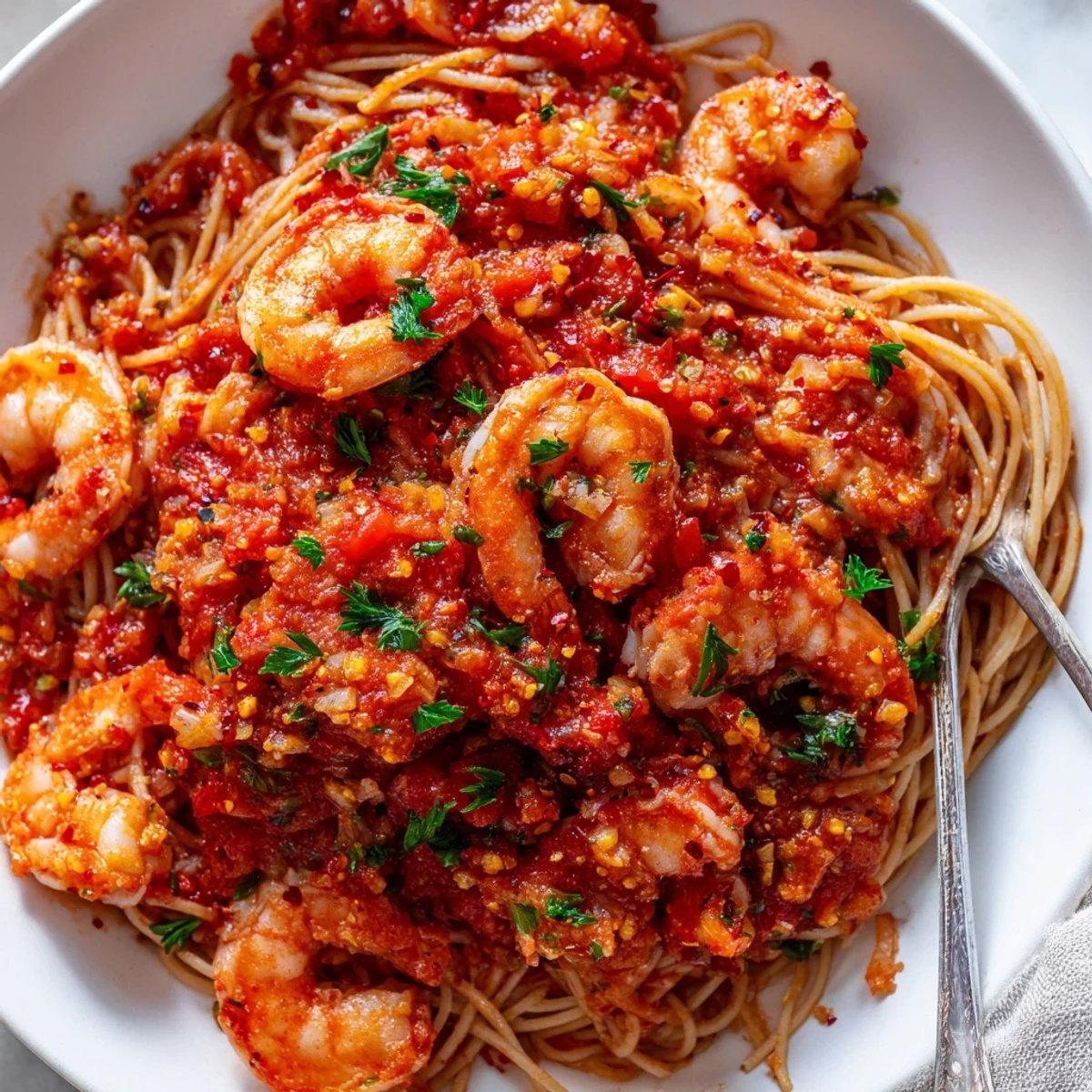 Golden pan-seared shrimp nestled in a spicy, bubbling crushed tomato sauce with herbs.