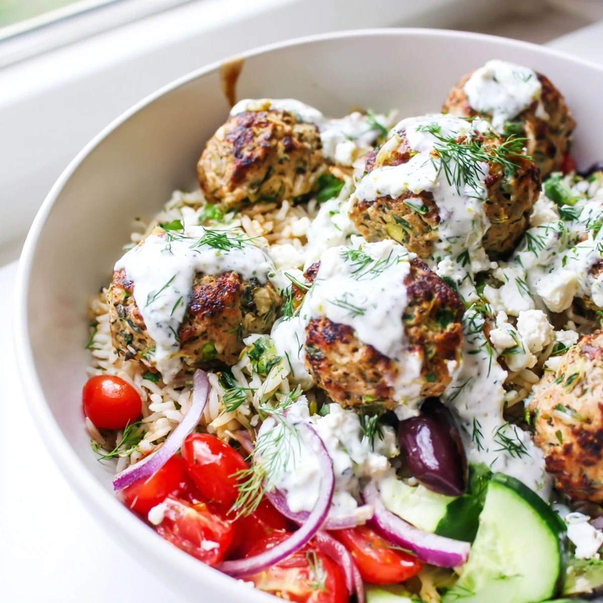 Golden za'atar turkey meatballs rest on herbed rice with creamy yogurt sauce