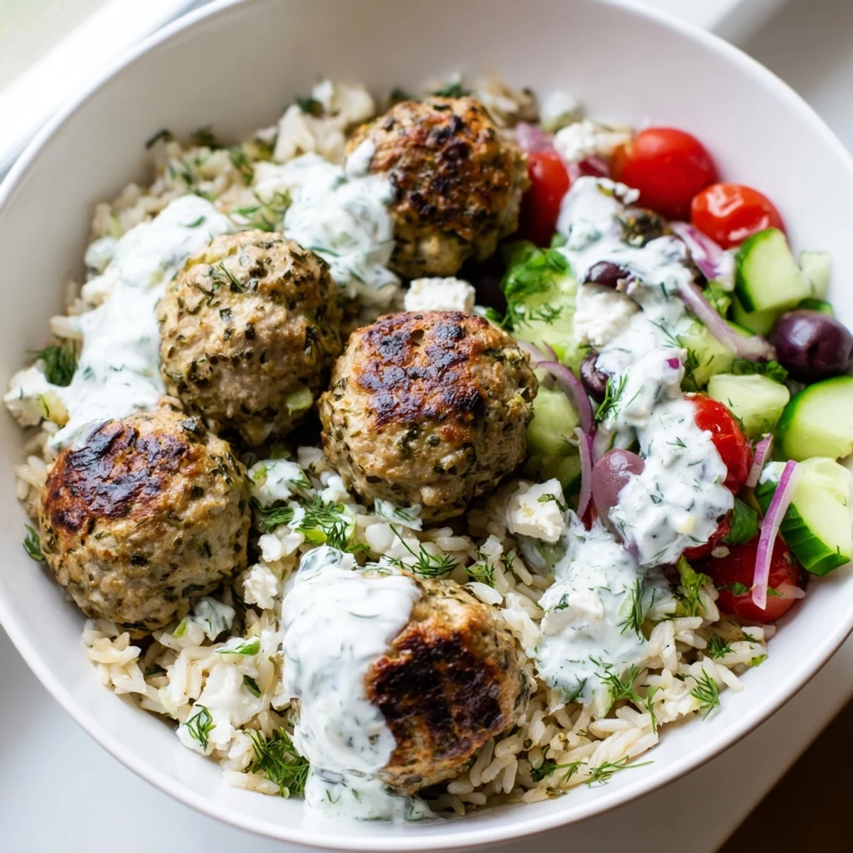 Crisp vegetables and spiced meatballs fill Mediterranean za'atur turkey meatball bowls