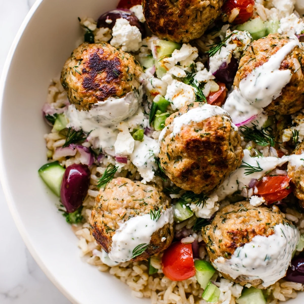 Juicy Mediterranean za'atar turkey meatball bowls drizzled with cool cucumber yogurt sauce