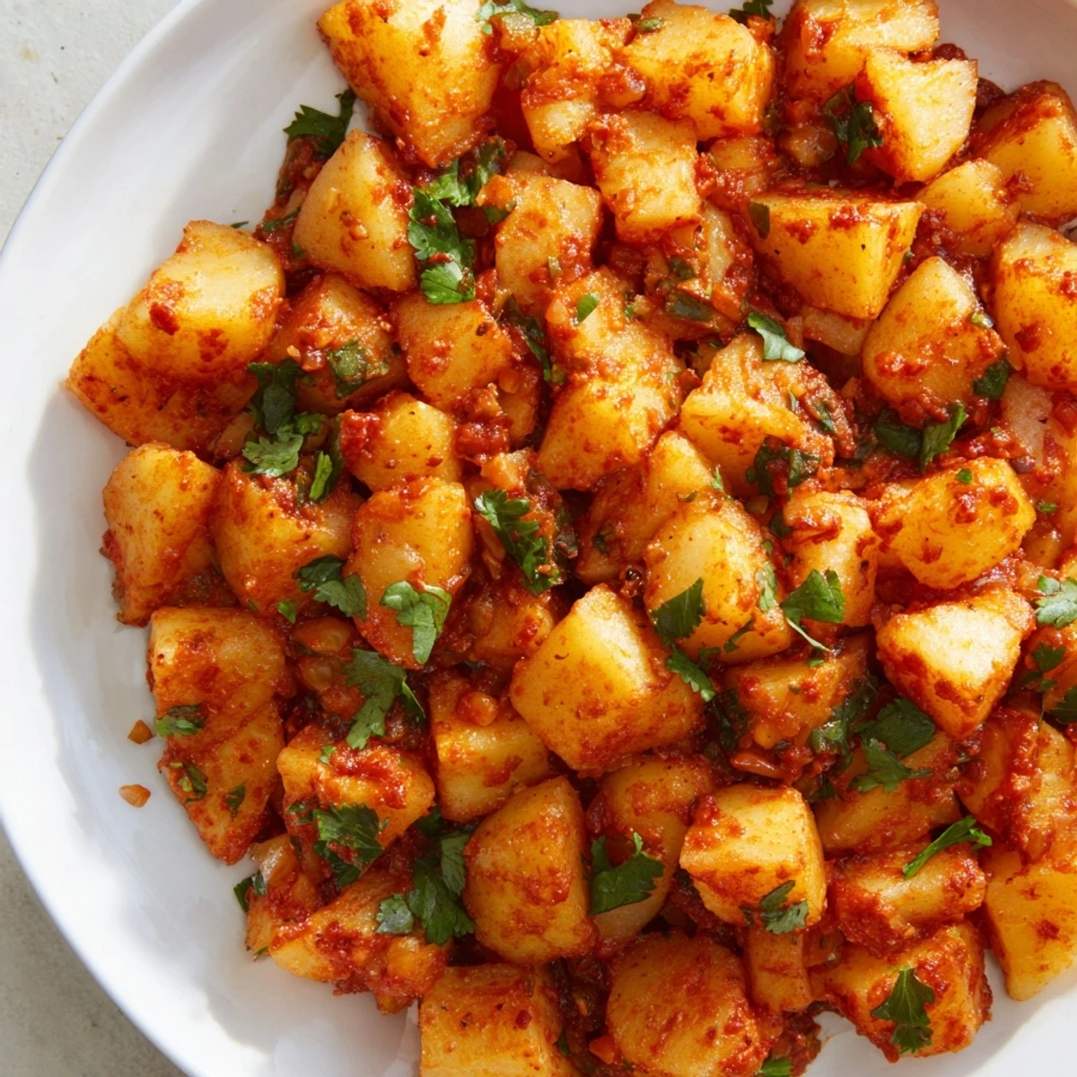 Golden papas con chile simmered in a rich, mildly spicy sauce with tender potatoes