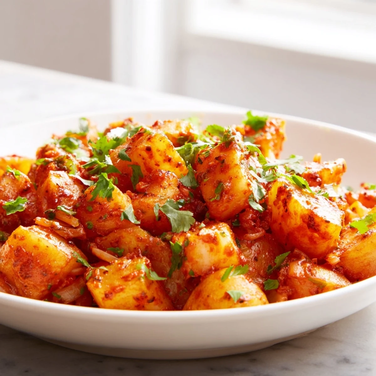 Papas con chile served steaming in a skillet, sprinkled with fresh chopped cilantro