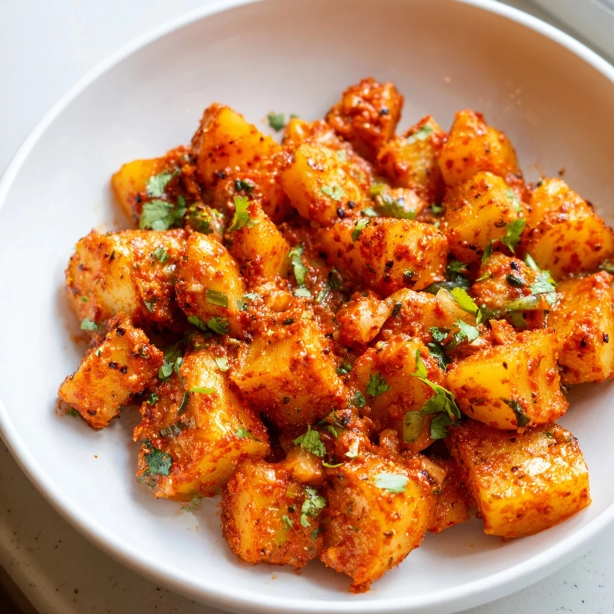 Tender diced potatoes coated in a smoky, savory chile sauce garnished with cilantro