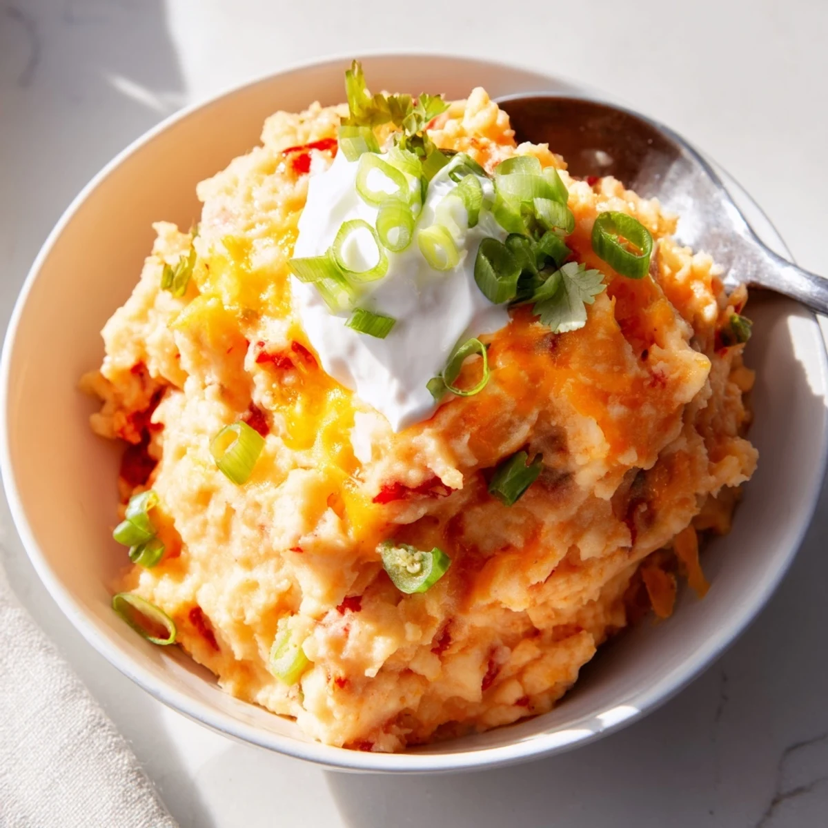 Creamy Tex Mex mashed potatoes topped with melted cheddar and fresh cilantro