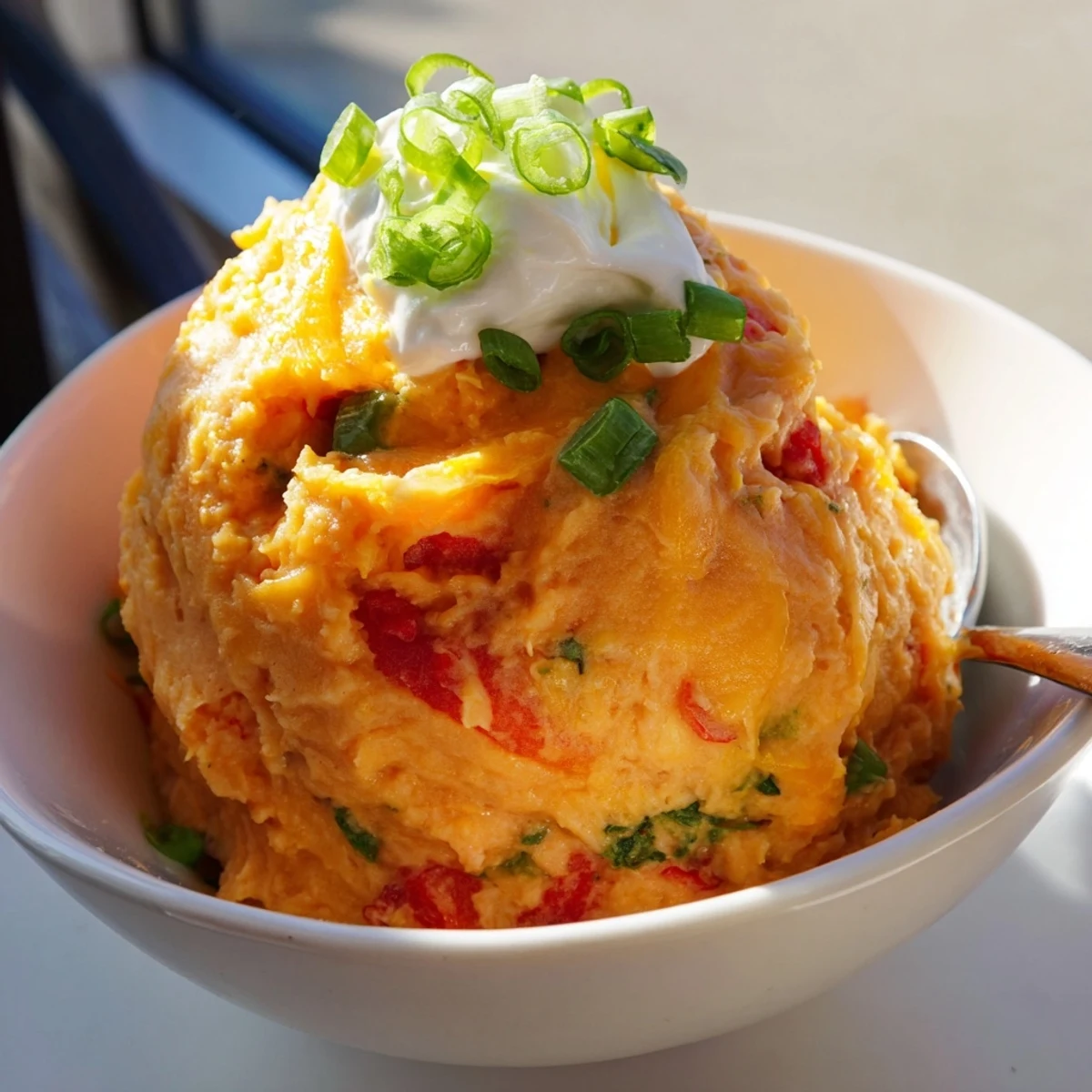Spicy Tex Mex mashed potatoes loaded with jalapeños and smoky spices in a rustic bowl