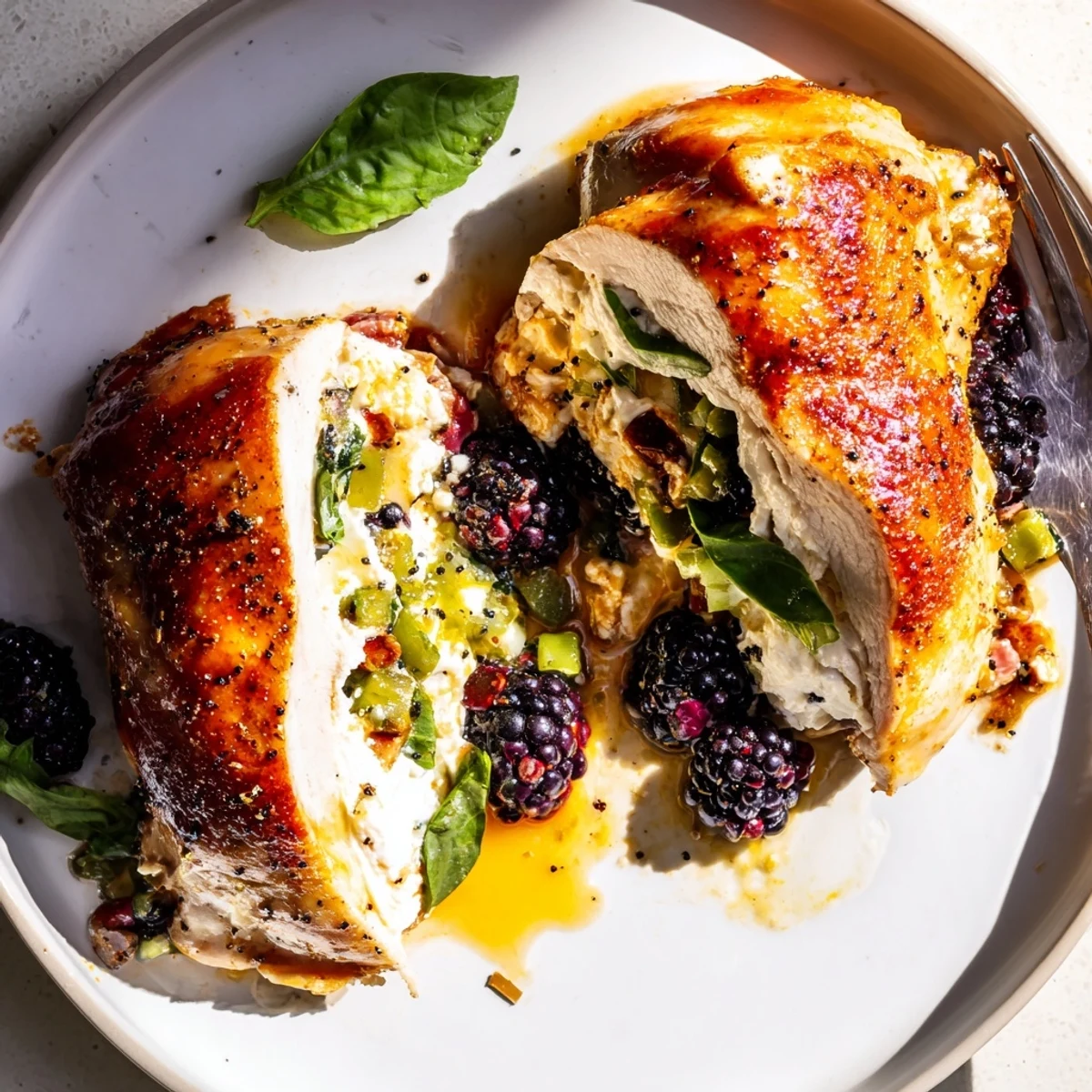 Golden baked blackberry jalapeno stuffed chicken oozing with melted goat cheese