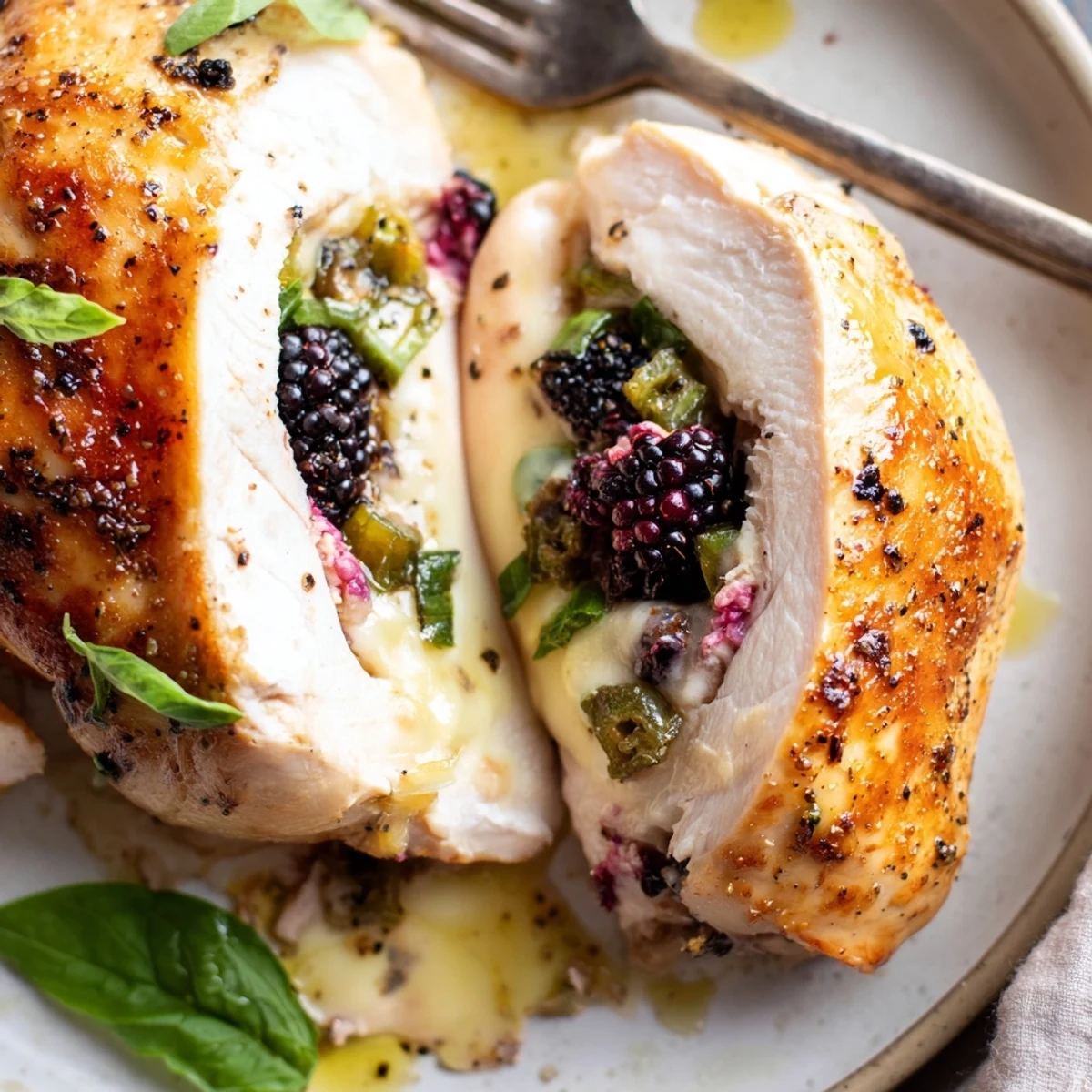 Blackberry jalapeno stuffed chicken nestled in a skillet with bubbling mozzarella topping