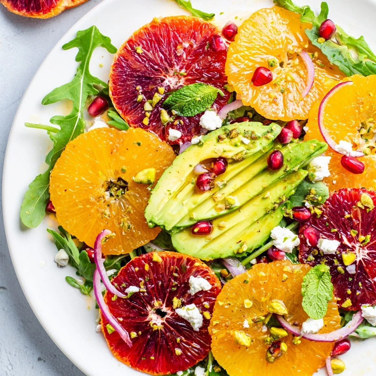 Citrus Salad With Pomegranate Jewels, Creamy Avocado, and Crumbled Feta on a rustic platter