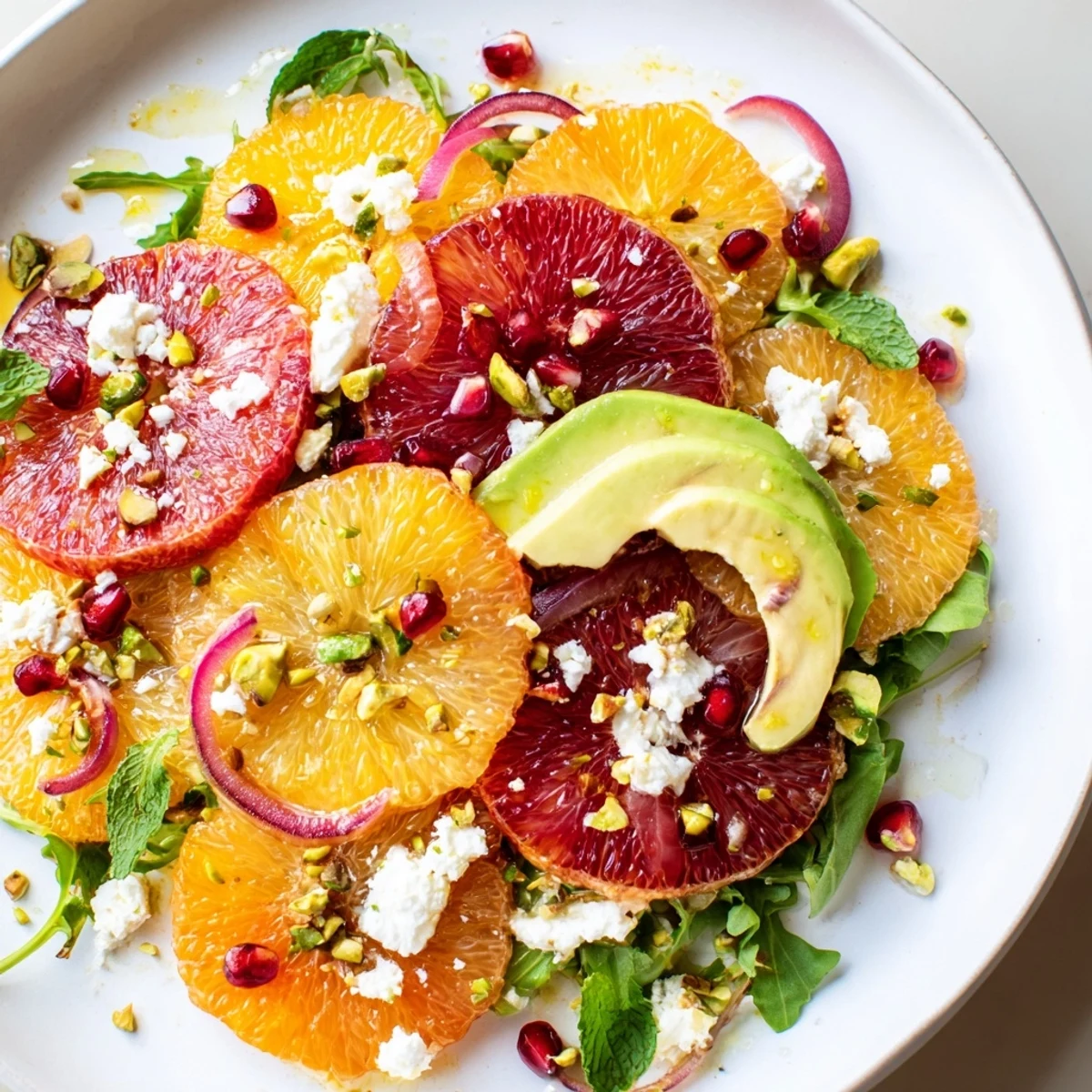 A colorful Citrus Salad With Pomegranate Jewels, Creamy Avocado, And Crumbled Feta garnished with fresh mint