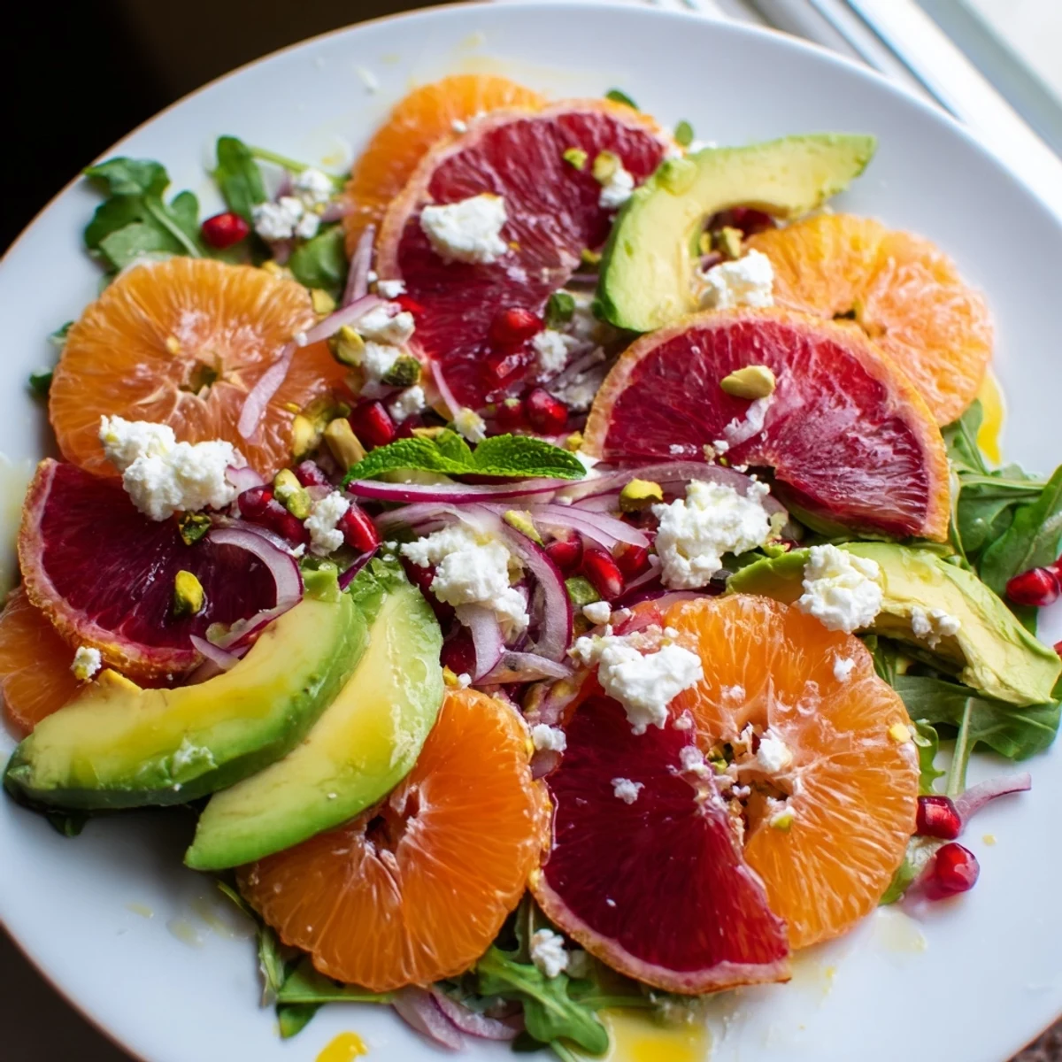 Bright citrus segments topped with ruby pomegranate seeds, silky avocado, and tangy feta