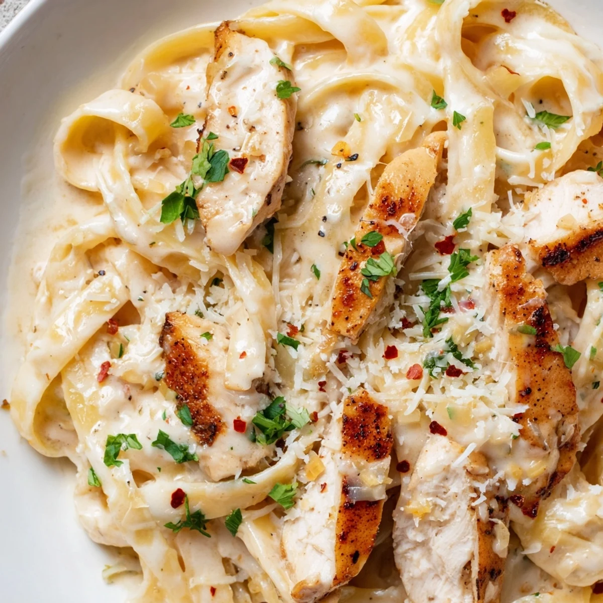 Creamy Garlic Parmesan Chicken Pasta topped with fresh parsley and extra Parmesan shavings