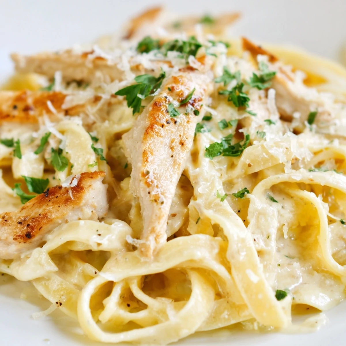 Tender golden chicken strips nestled in Creamy Garlic Parmesan Chicken Pasta with rich sauce