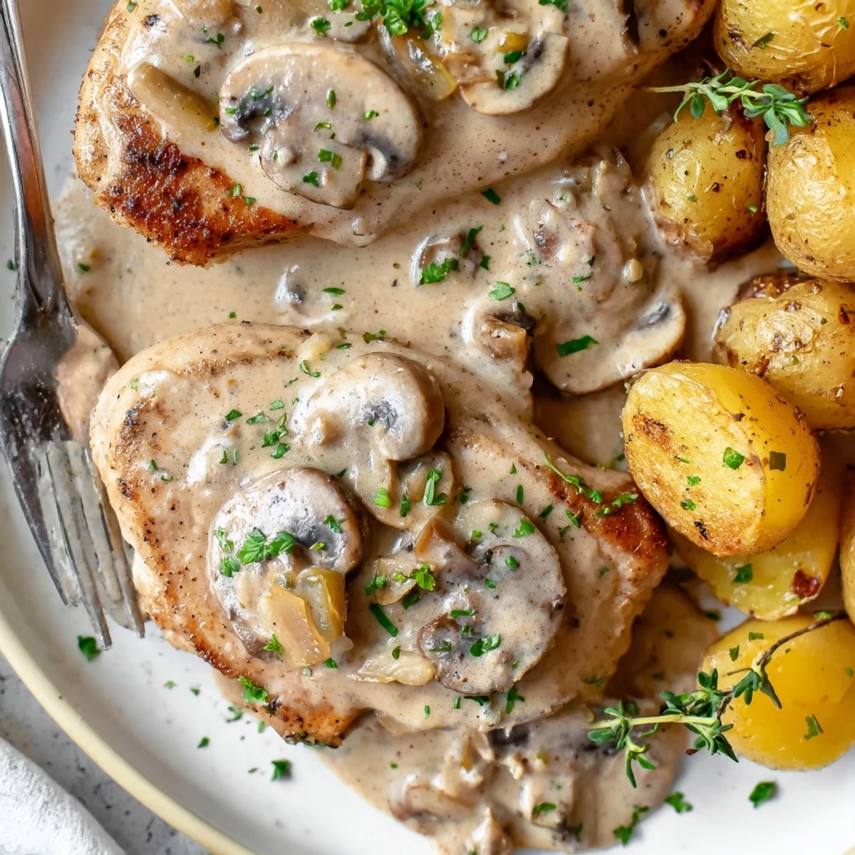 Creamy mushroom chicken with golden herb potatoes on a rustic white plate