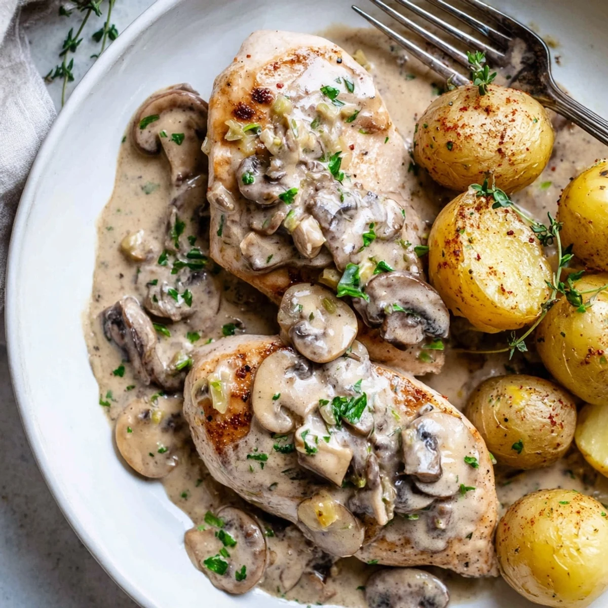 Creamy mushroom chicken topped with fresh thyme and served with crispy potatoes