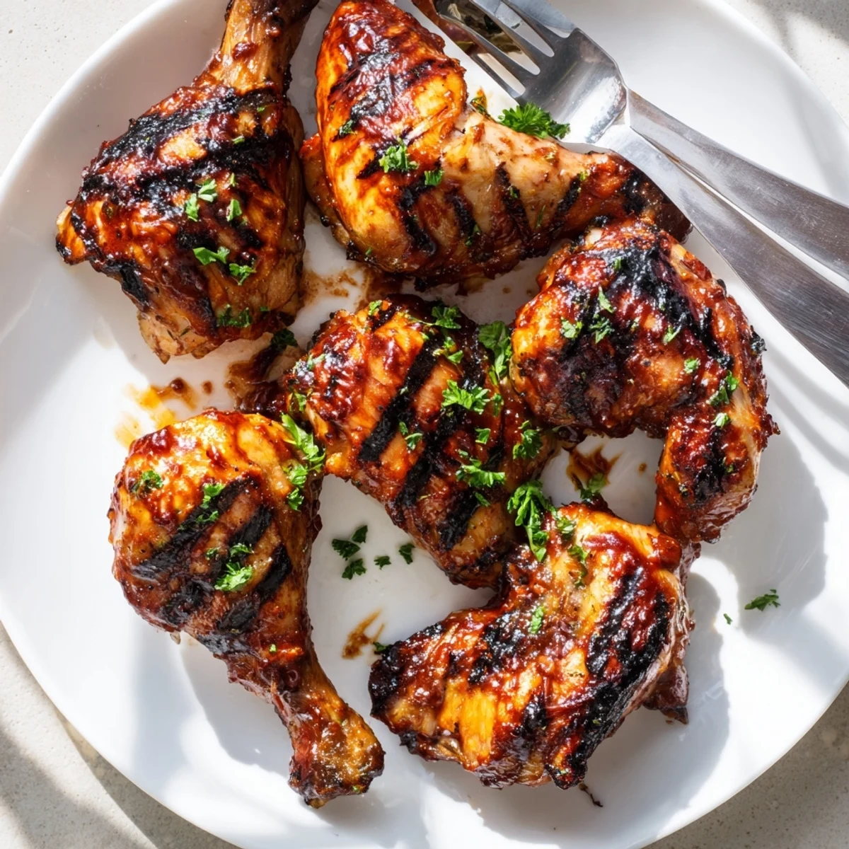 Smoky barbecue chicken with glossy charred skin served hot off the grill