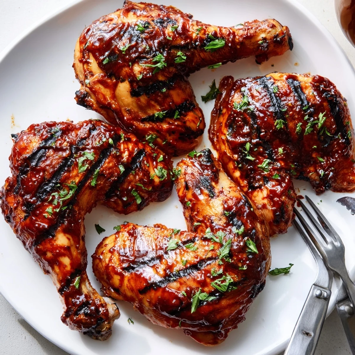 Juicy barbecue chicken pieces glistening with tangy sauce on a rustic platter