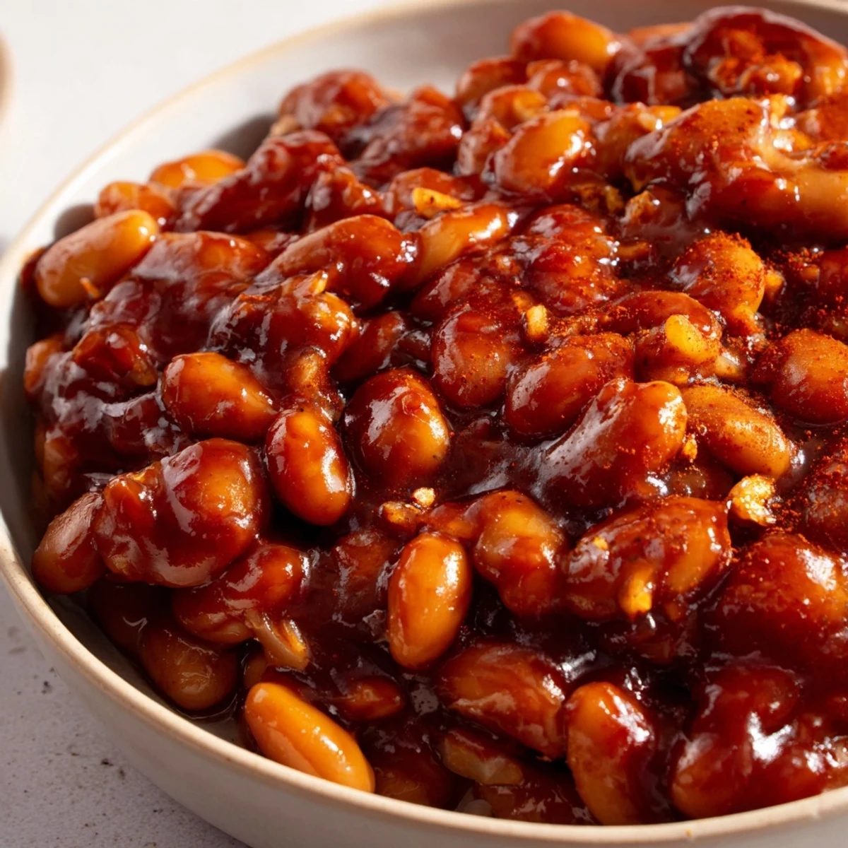 Quick Barbecued Beans served hot in a bowl with a glossy, smoky glaze