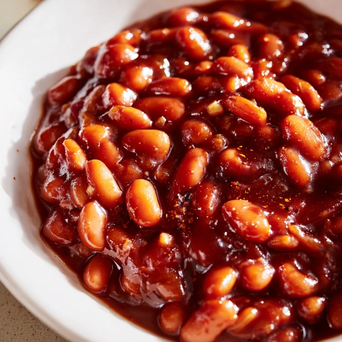 Quick Barbecued Beans simmering in a rich, tangy sauce in a cast-iron skillet