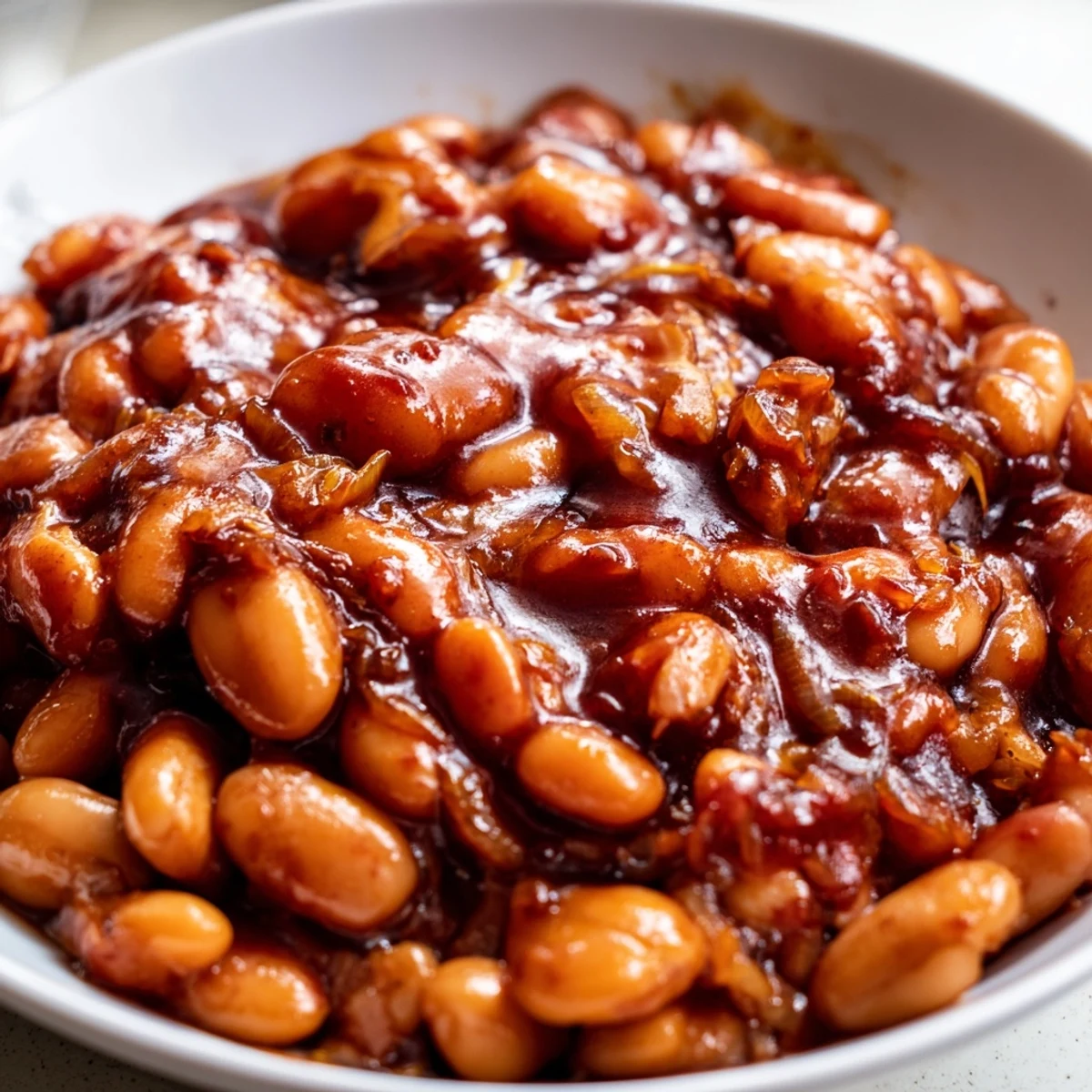 Quick Barbecued Beans topped with fresh parsley alongside grilled cornbread on a rustic plate