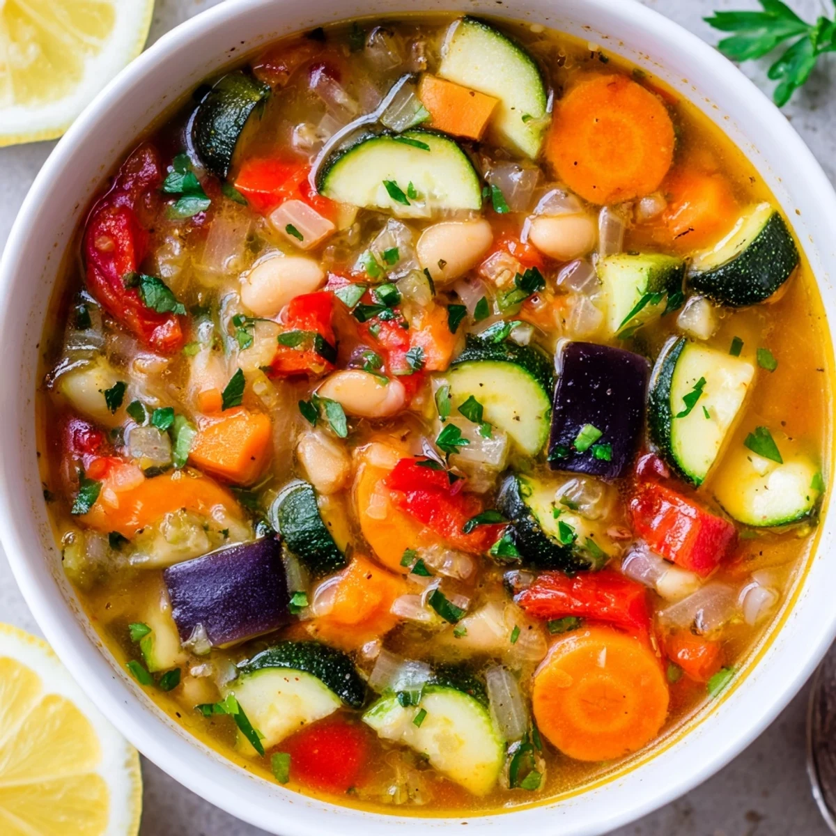 Hearty Mediterranean Soup brimming with colorful vegetables, beans, and fragrant herbs