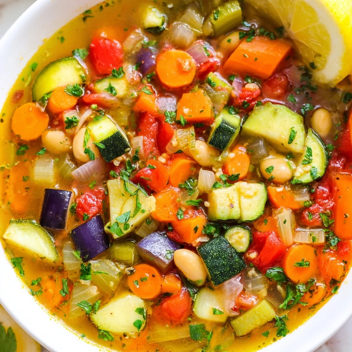 Warm Mediterranean Soup in a rustic bowl topped with fresh parsley and lemon