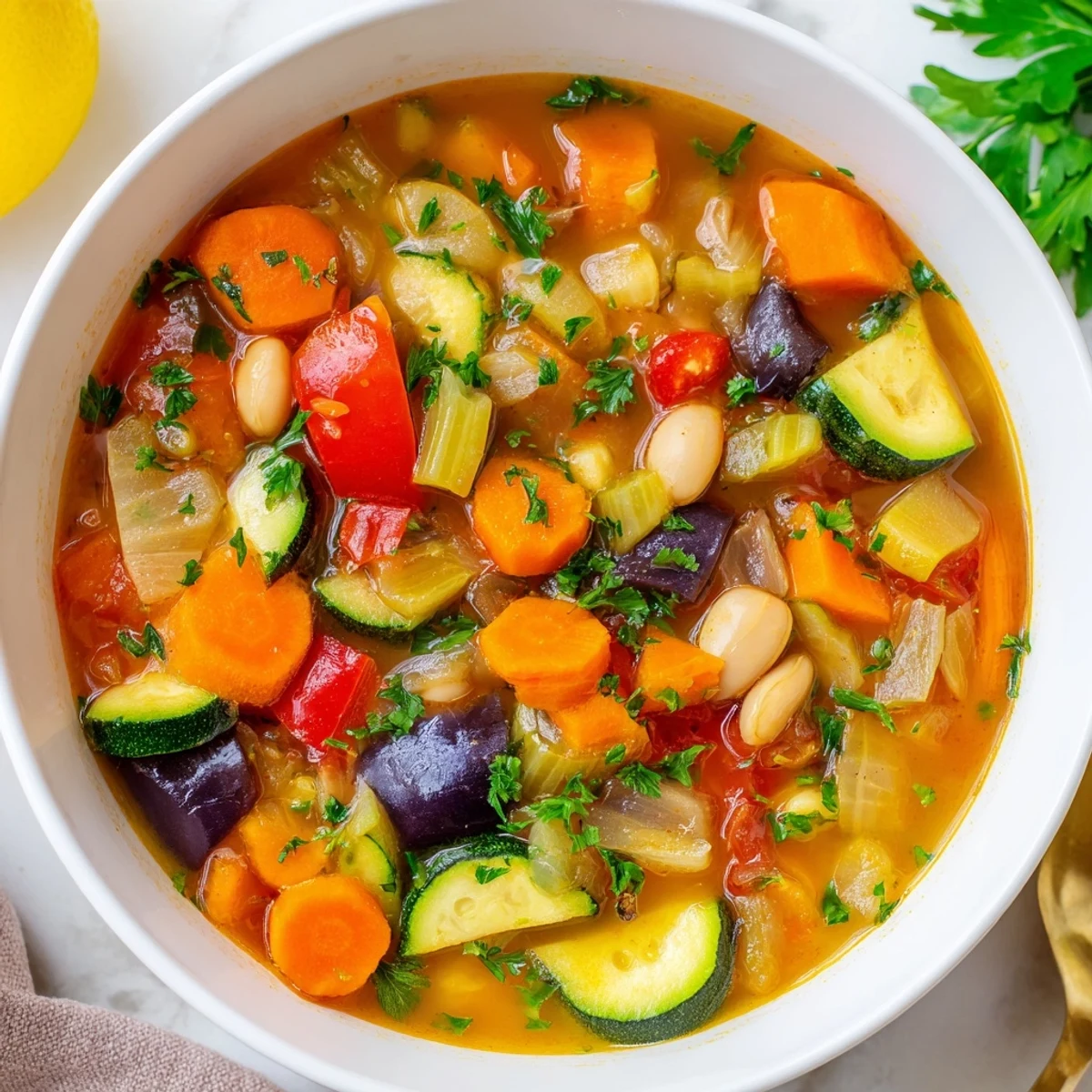 Steaming bowl of Mediterranean Soup garnished with parsley, served with crusty bread