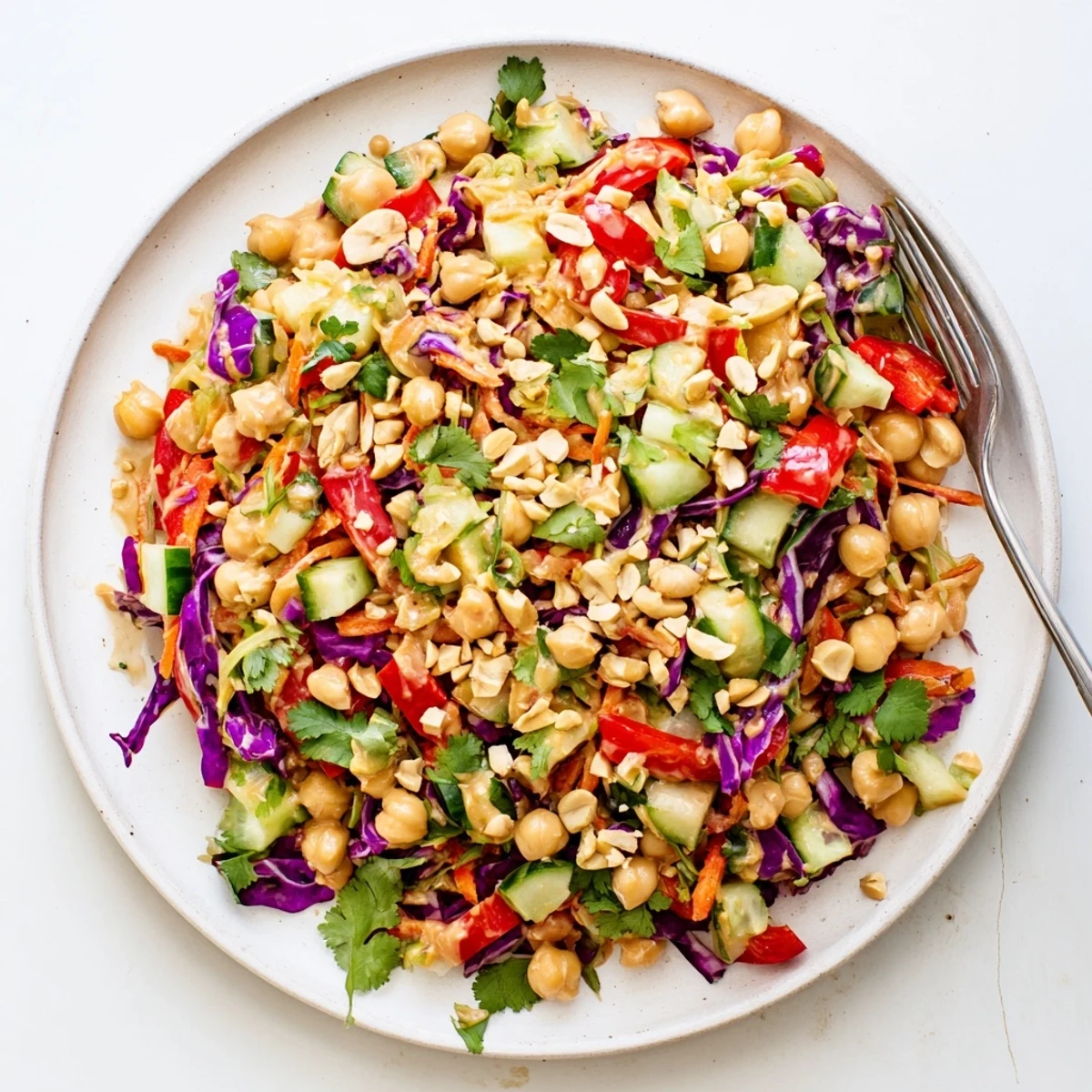Crunchy Thai chickpea salad tossed in creamy peanut dressing with vibrant vegetables