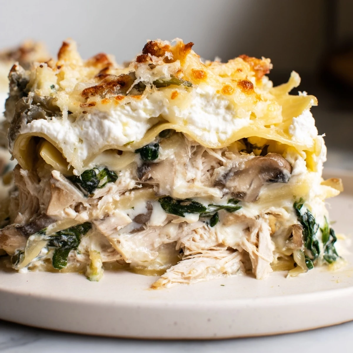 Creamy white chicken lasagna layered with spinach mushrooms and gooey mozzarella