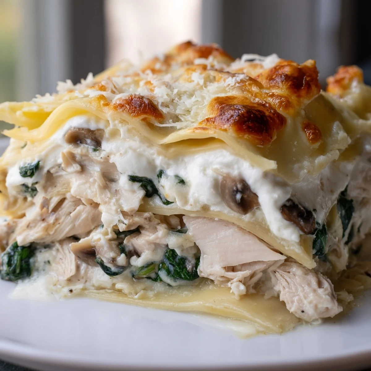 Golden bubbling white chicken lasagna fresh from the oven with melted cheese